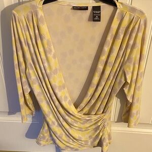 New York & Company Yellow and Cream Wrap Blouse